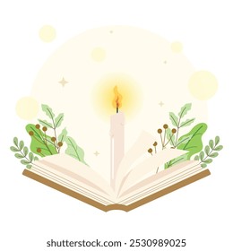 Books and candle vector illustration. education and knowledge concept.