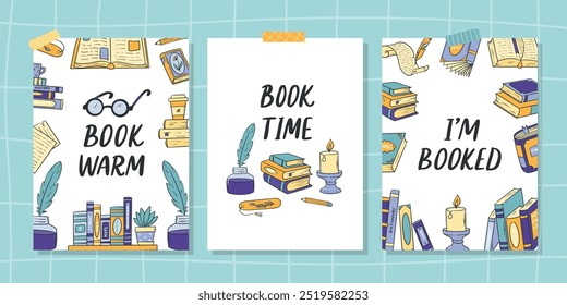 Books cards, banners, prints collection decorated with lettering quotes, books doodles. Back to school, education, book store, library theme. EPS 10