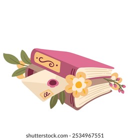 Livros com desenhos animados flores de primavera e carta em envelope de papel. Livros velhos engraçados com capas cor-de-rosa e castanho e padrão na coluna. Presente mascote, desenho animado bonito presente literatura vetor ilustração