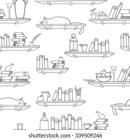 Books, cat and other things on the shelves. Vector seamless pattern. Graphic objects for decorations, background, textures or interior wallpaper. 