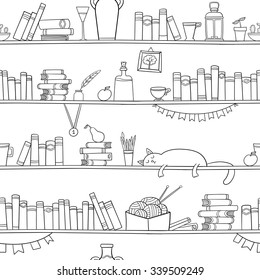 Books, cat and other things on the shelves. Vector seamless pattern. Graphic objects for decorations, background, textures or interior wallpaper. 