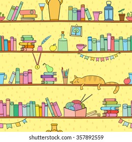 Books, cat and other things on the shelves. Vector seamless pattern. Color graphic objects for decorations, background, textures or interior wallpaper. 