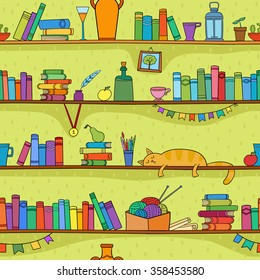 Books, cat and other things on the shelves. Vector seamless pattern. Color graphic objects for decorations, background, textures or interior wallpaper. 