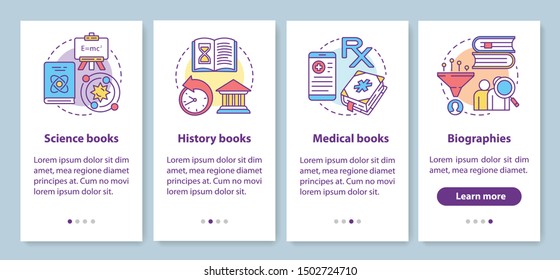 Books catalogue onboarding mobile app page screen with linear concepts. Different book genres walkthrough steps graphic instructions. UX, UI, GUI vector template with illustrations