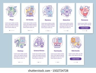 Books catalogue onboarding mobile app page screen with linear concepts. Different book genres walkthrough steps graphic instructions set. UX, UI, GUI vector template with illustrations