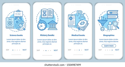 Books catalogue onboarding mobile app page screen with linear concepts. Different book genres walkthrough steps graphic instructions. UX, UI, GUI vector template with illustrations
