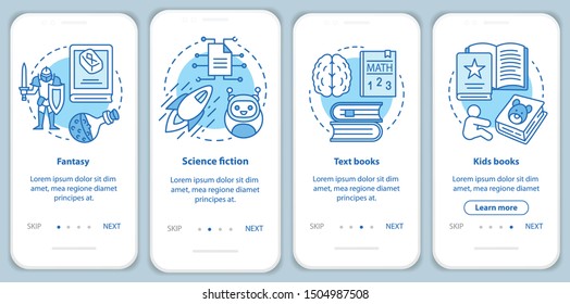 Books catalogue onboarding mobile app page screen with linear concepts. Fantasy, science fiction, kids books walkthrough steps graphic instructions. UX, UI, GUI vector template with illustrations