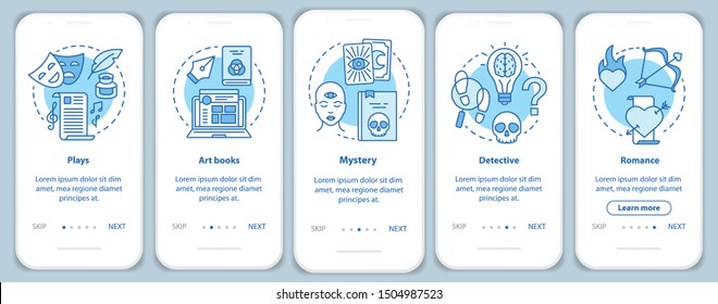 Books catalogue onboarding mobile app page screen with linear concepts. Different book genres 5 walkthrough steps graphic instructions. UX, UI, GUI vector template with illustrations