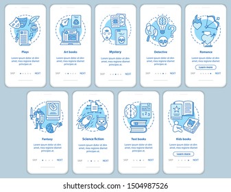 Books catalogue onboarding mobile app page screen with linear concepts. Different book genres walkthrough steps graphic instructions set. UX, UI, GUI vector template with illustrations