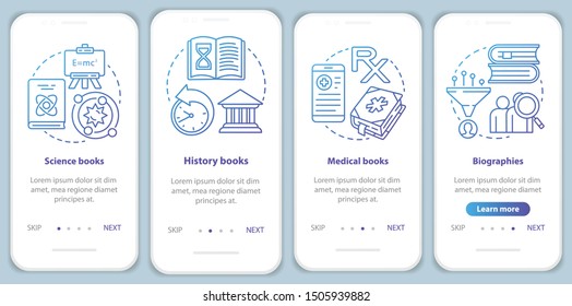 Books catalogue onboarding mobile app page screen with linear concepts. Different book genres walkthrough steps graphic instructions in blue. UX, UI, GUI vector template with illustrations