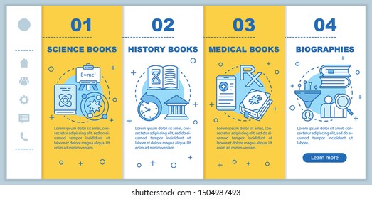 Books catalogue onboarding mobile web pages vector template. Book genres. Responsive smartphone website interface idea with linear illustrations. Webpage walkthrough step screens. Color concept