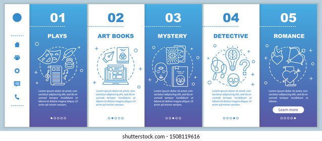 Books catalogue onboarding mobile web pages vector template. Responsive smartphone website interface idea with linear illustrations. Webpage walkthrough step screens. Color concept
