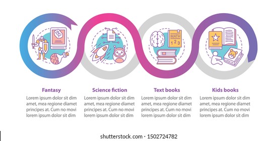Books catalogue vector infographic template. Business presentation design elements. Data visualization with 4 steps and options. Process timeline chart. Workflow layout with linear icons