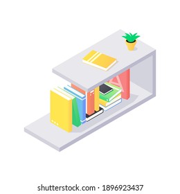 Books and chancellery on gray wooden bookshelf in isometric vector. Stacks of hard cover paper literature in shelf for education home or university interior. Rack with various home studying objects.