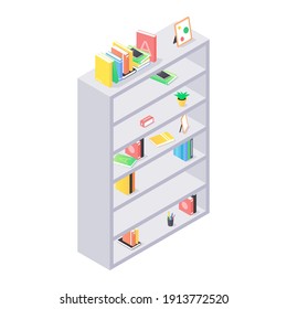 Books and chancellery on gray wooden bookshelf in isometric vector. Stacks of hard cover paper literature in shelf for education home or university interior. Rack with various home studying objects.