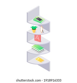 Books and chancellery on gray wooden bookshelf in isometric vector. Stacks of hard cover paper literature in shelf for education home or university interior. Rack with various home studying objects.