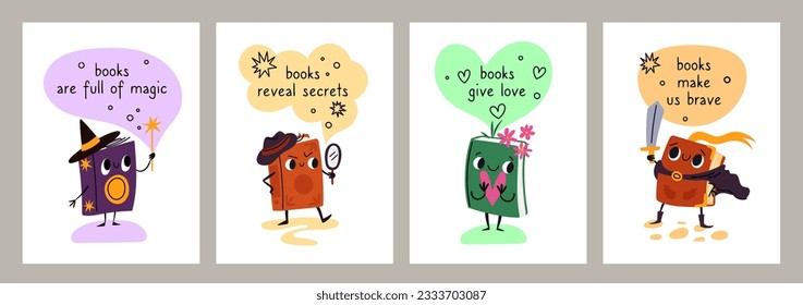 Books characters cards. Cartoon literature mascots with motivating text. Cute smiling faces. Different fiction novel styles. Detective and magic fairytale stories. Garish