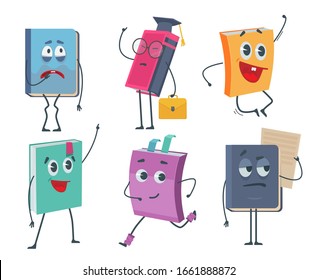 Books characters. Cartoon funny faces of old books opened and closed vector mascot collection