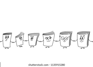 Books characters. Row of books. Team. Seamless pattern.  Endless horizontal border. Drawing by line