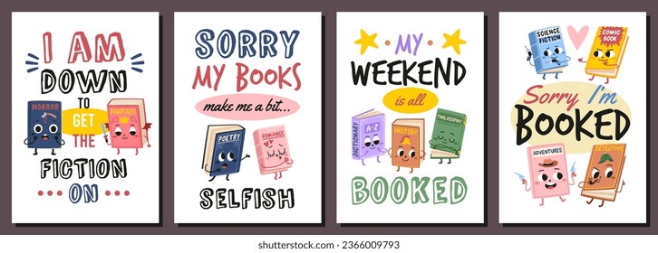 Books characters with texts. Education motivation posters, different literary genres, animated volumes with cute funny faces, cards with lettering, cartoon flat isolated tidy vector cards set