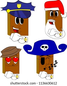 Books checking his watch. Cartoon book collection with costume faces. Expressions vector set.