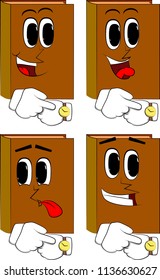 Books checking his watch. Cartoon book collection with happy faces. Expressions vector set.