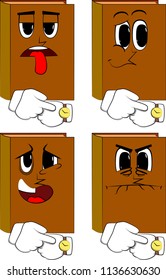 Books checking his watch. Cartoon book collection with sad, bored and angry faces. Expressions vector set.