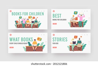 Books for Children Landing Page Template Set. Kids Reading Stories Sitting on Brick Wall. School Education, Knowledge. Boys and Girls Characters Studying, Learning Classes. Cartoon Vector Illustration