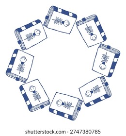 Books Circular Wreath Frame. Round Reading Hobby Border with Notebooks with Empty Copy Space. Blue Line Art Doodle hand-drawn. Vector Illustration