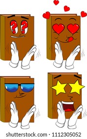 Books with clapping hands. Cartoon book collection with various faces. Expressions vector set.