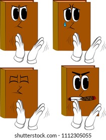 Books with clapping hands. Cartoon book collection with angry and sad faces. Expressions vector set.