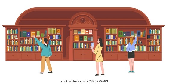  Libros de obras clásicas a best sellers modernos, revistas científicas y recursos electrónicos. Estudiantes en busca de la información necesaria para estudios y clases de educación. Vector de estilo plano