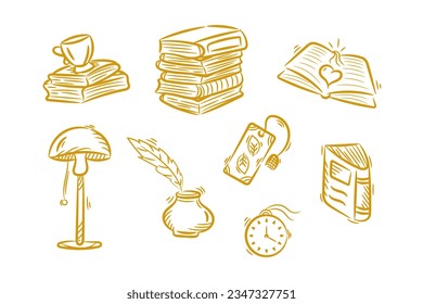 Books clipart hand drawn doodle. Line sketch of Reading items, Educational, Library, School, Literature. Vector vintage icons illustration