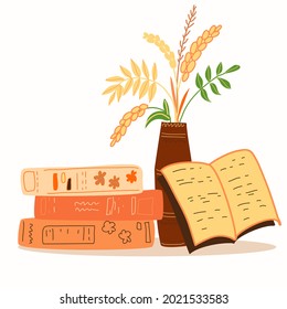Books are closed and open, and a vase with autumn leaves and ears of corn..