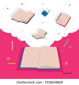 libros en la nube sobre diseño de fondo rosa, literatura educativa y tema de lectura Ilustración vectorial