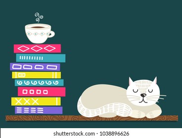 Books, coffee, cat. Books stack with cup of tea and white sleeping cat. Vector illustration with place for your text.