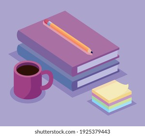 libros y taza de café conjunto de espacio de trabajo isométrico iconos de ilustración vectorial diseño