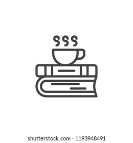Books and coffee cup outline icon. linear style sign for mobile concept and web design. Coffee break simple line vector icon. Symbol, logo illustration. Pixel perfect vector graphics