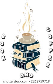 Books and Coffee, Coffee Lover, Book Lover, Book and Coffee Illustration, Stack Of Books