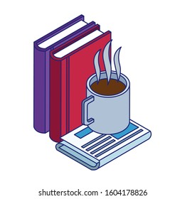 books and coffee mug on newspaper over white background, vector illustration
