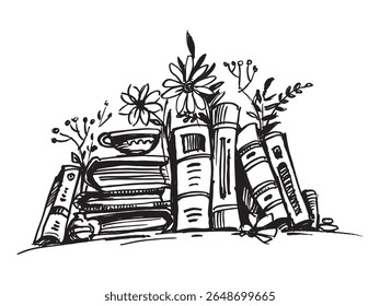 Livros e café na prateleira. Amante do livro
