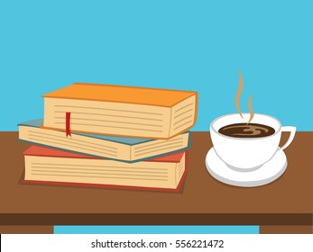 Books with Coffee on table. Vector flat style