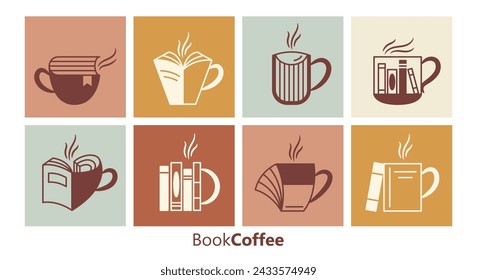 Books and coffee shop logo template. Modern minimal linear icons and symbols set for cards, print and design