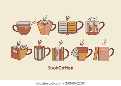 Books and coffee shop logo template. Modern minimal linear icons and symbols set for cards, print and design