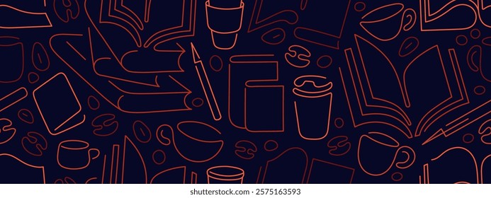 Books and coffee, tea drink. Vector line repeat patern on dark background for shop design, textile for cafe design, food package. Golden graphic print.