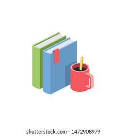 Books and coffee. Vector 3d isometric, color web icons set, new flat style. Creative illustration, idea for infographics.