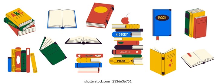 Books collection. Cartoon library of fiction and non fiction books, study and school supply organized and stacked. Vector set of book and textbook for school or bookstore illustration