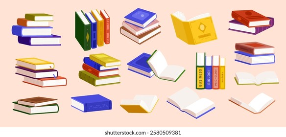 Books. Collection of different stacks books and magazines recent vector vector literature concept illustrations