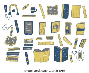 Books collection in doodle style. Symbols of reading isolated on white background. Vector illustration.