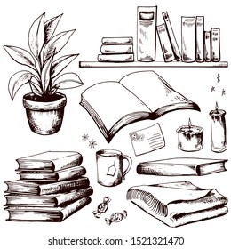Books collection. Hand drawn vector illustration. Sketched clip art.